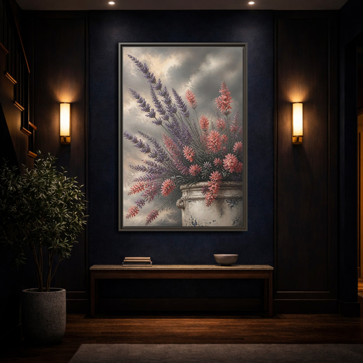 Mockup 4. Lavender Flowers In Crock shown as framed canvas print