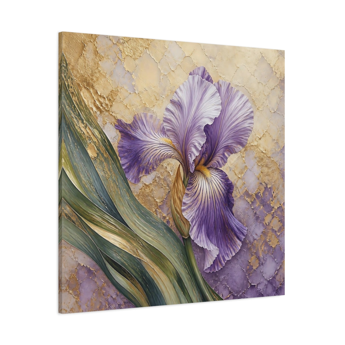 Side Mockup 1. Lavender Iris Floral shown as canvas print