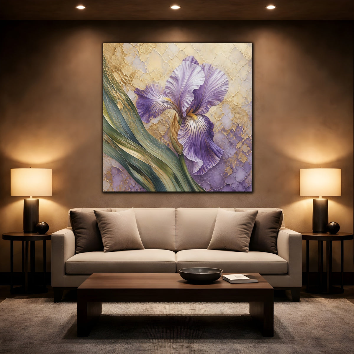 Mockup 2. Lavender Iris Floral shown as canvas print