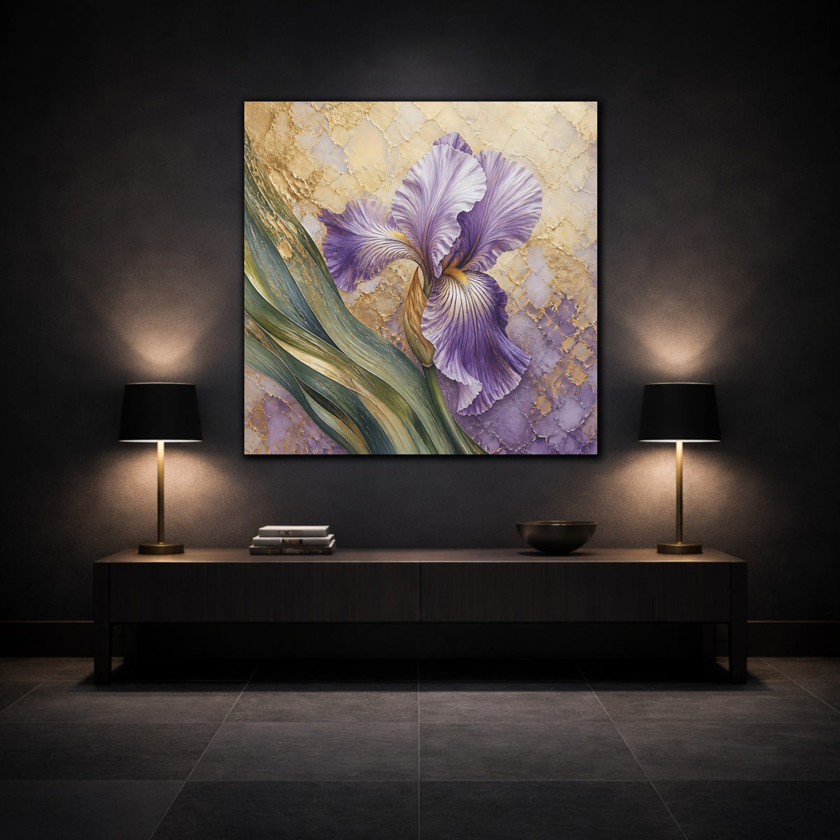 Mockup 3. Lavender Iris Floral shown as canvas print