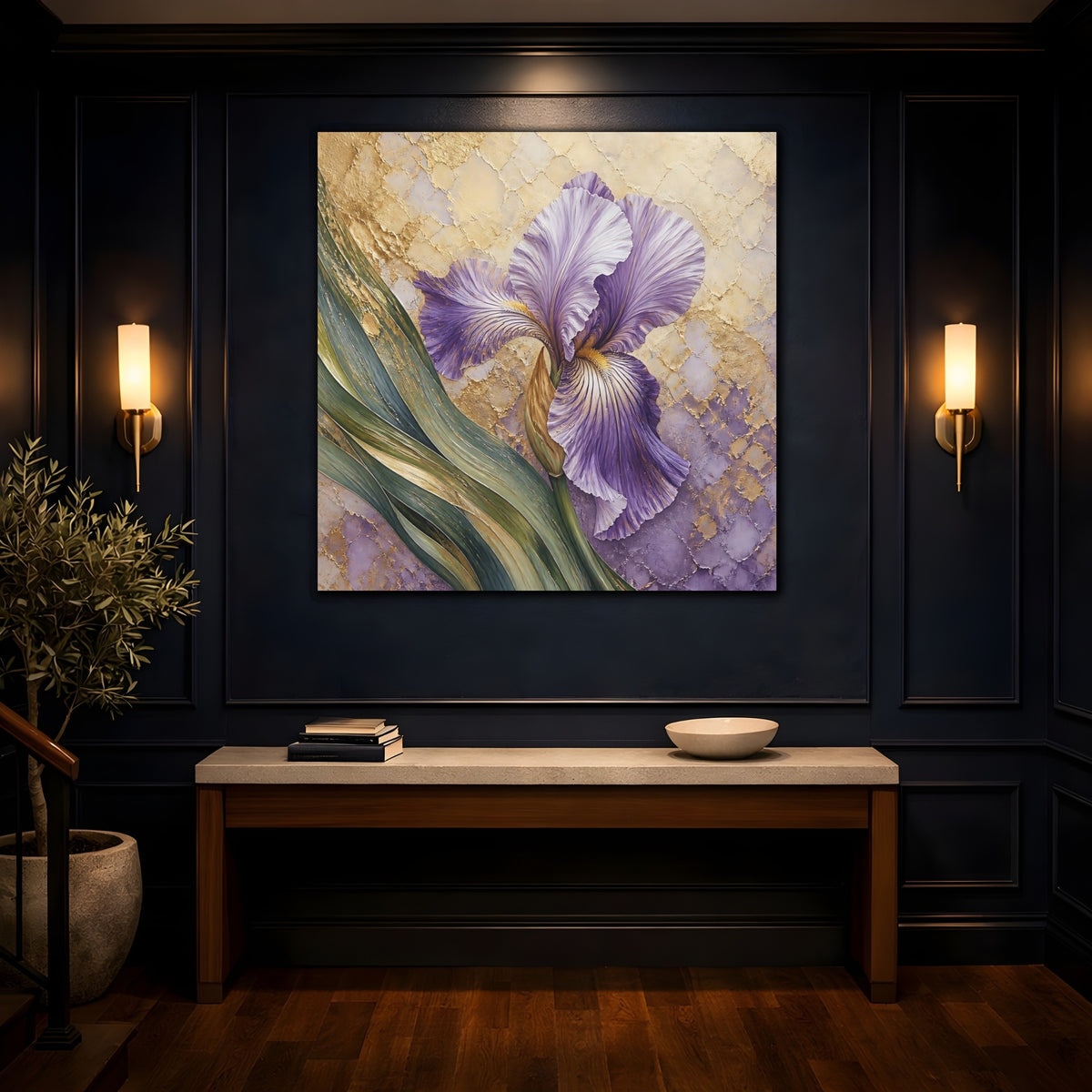 Mockup 4. Lavender Iris Floral shown as canvas print