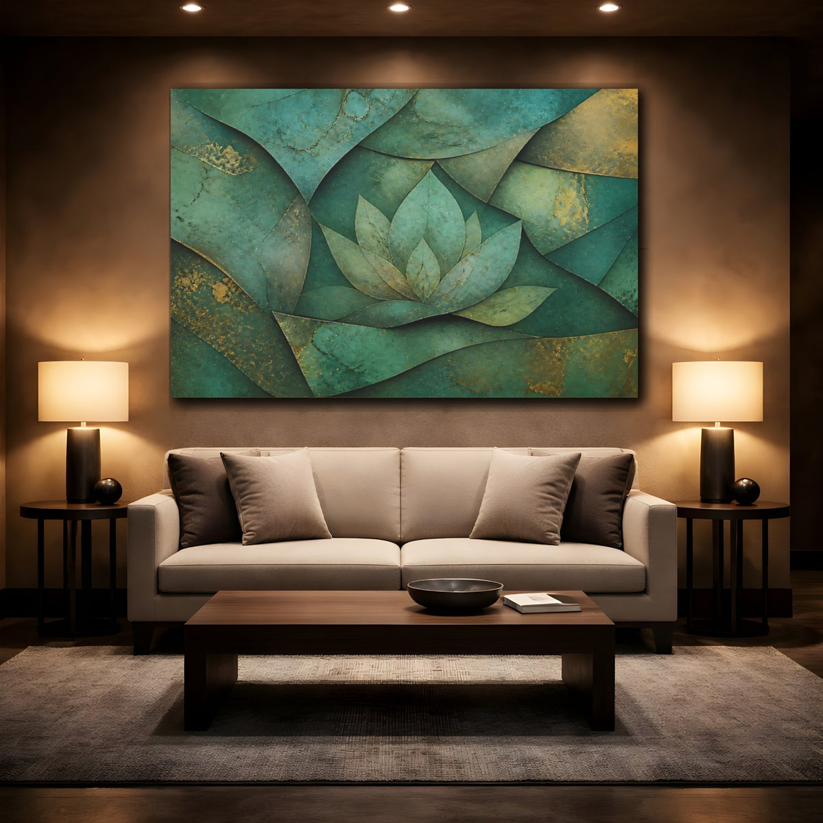 Mockup 2. Layered Teal Lotus shown as canvas print