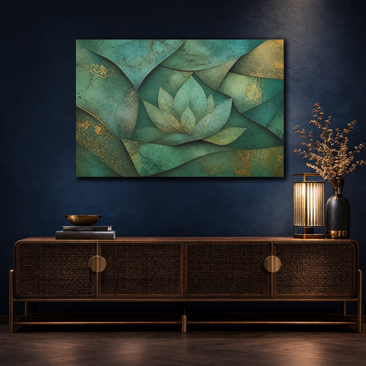 Mockup 4. Layered Teal Lotus shown as canvas print