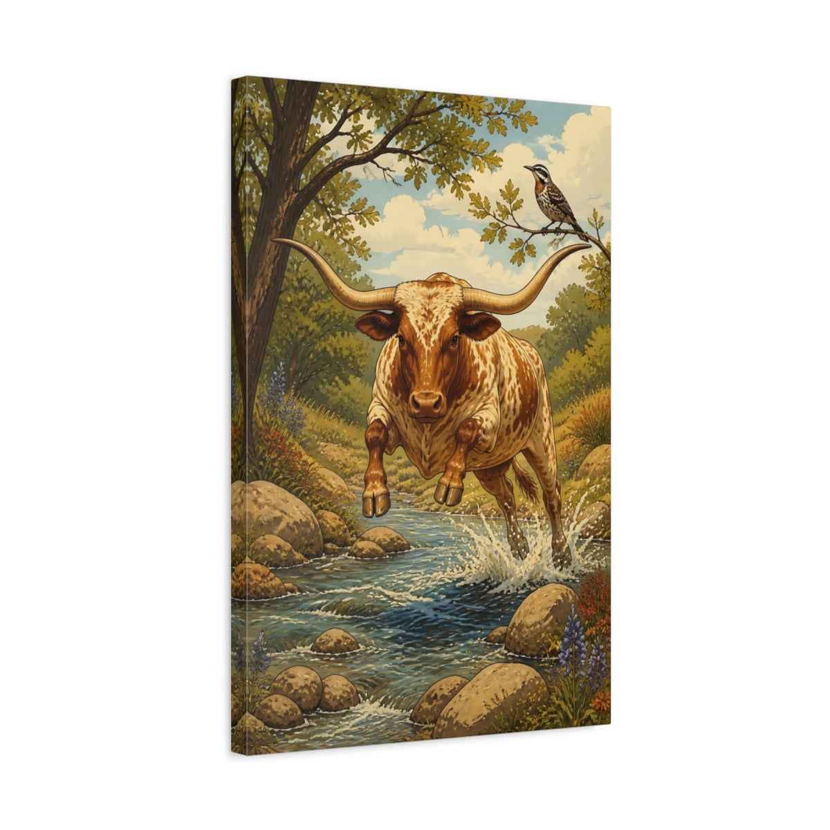 Side Mockup 3. Leaping Longhorn Animals shown as canvas print