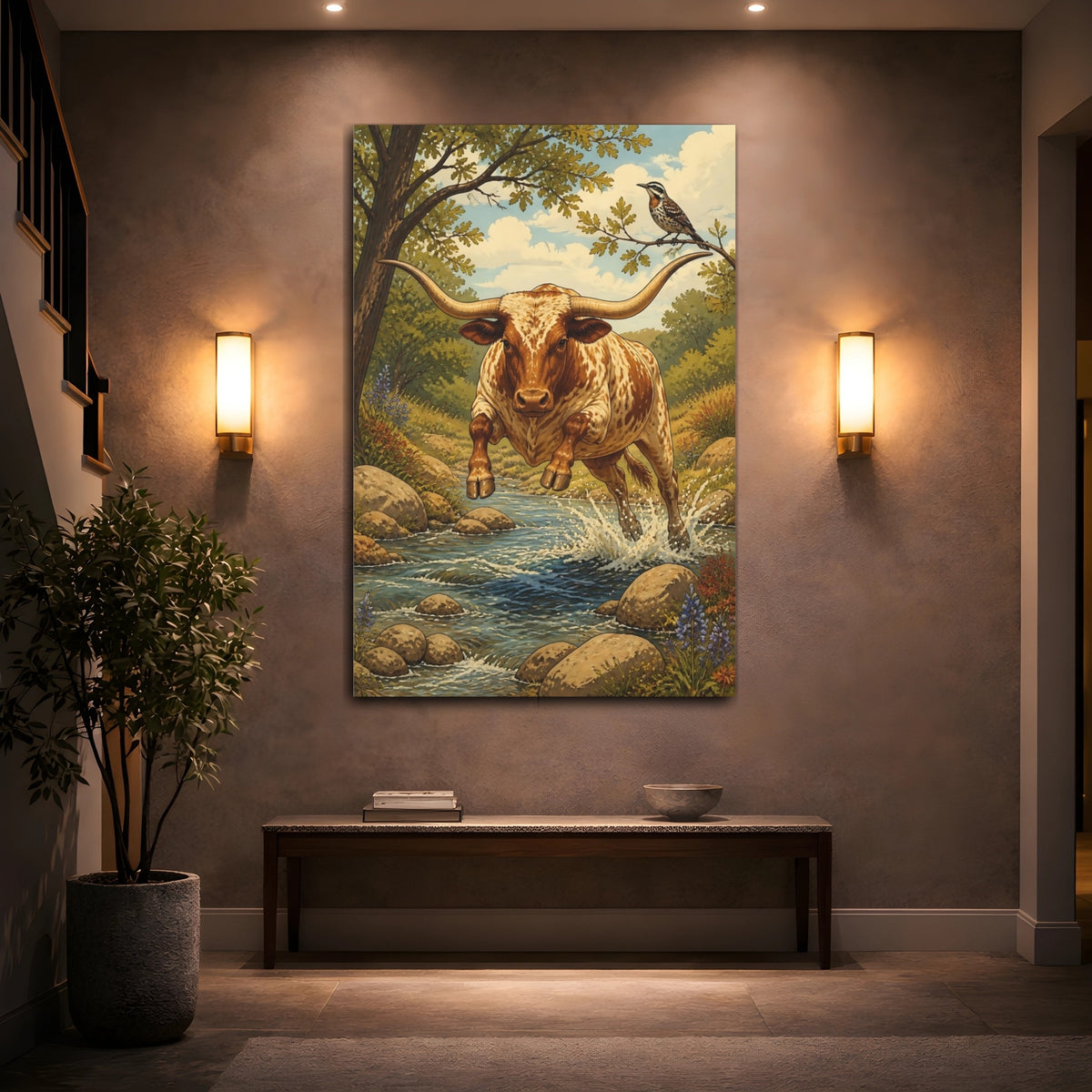 Mockup 2. Leaping Longhorn Animals shown as canvas print