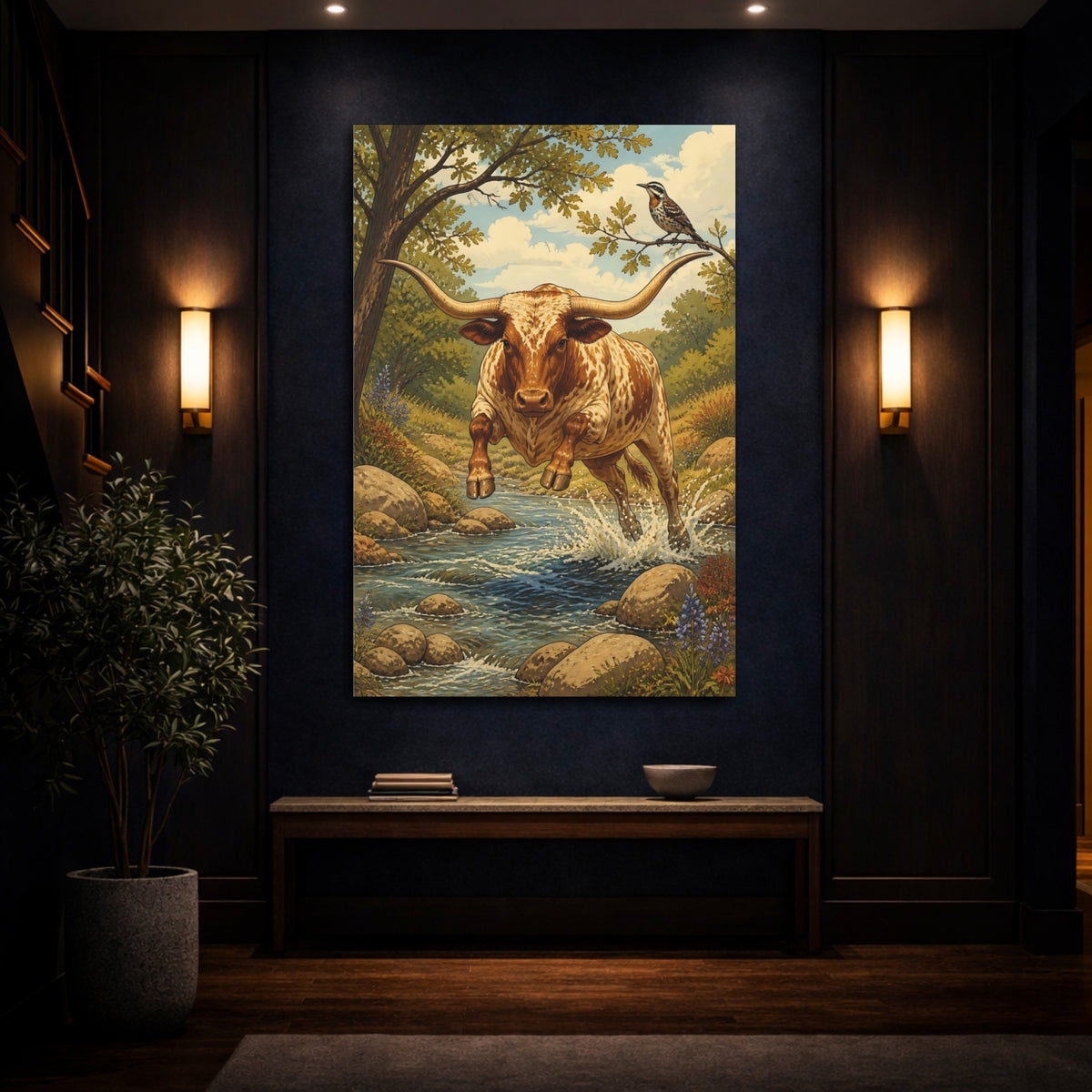 Mockup 4. Leaping Longhorn Animals shown as canvas print