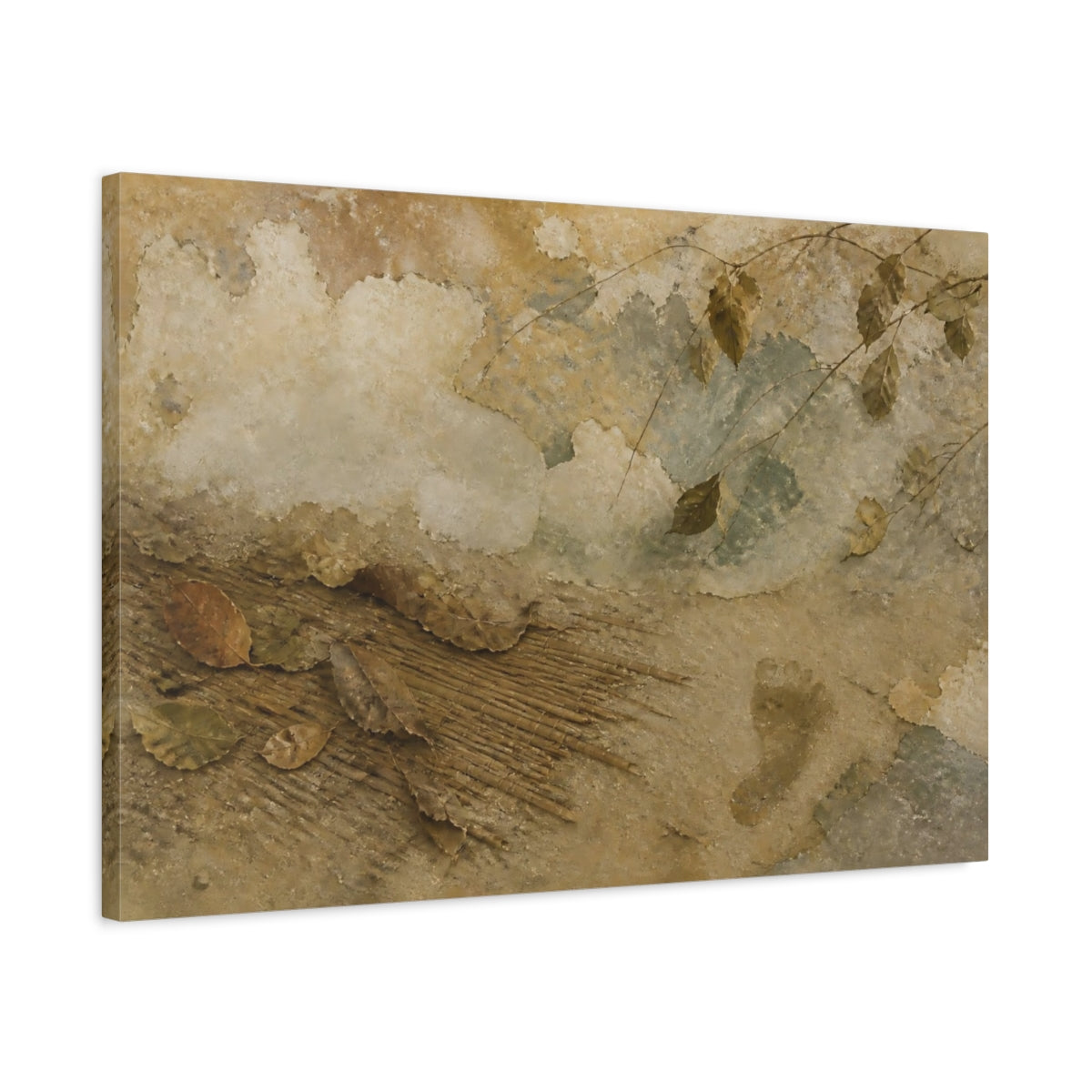 Side Mockup 2. Leaves On Weathered Wall shown as canvas print