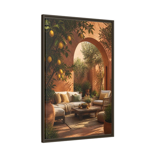 Main Mockup. Lemon Tree Courtyard shown as framed canvas print