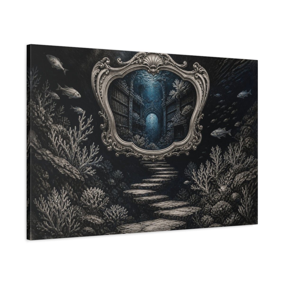 Main Mockup. Library Illusion Mirror shown as canvas print