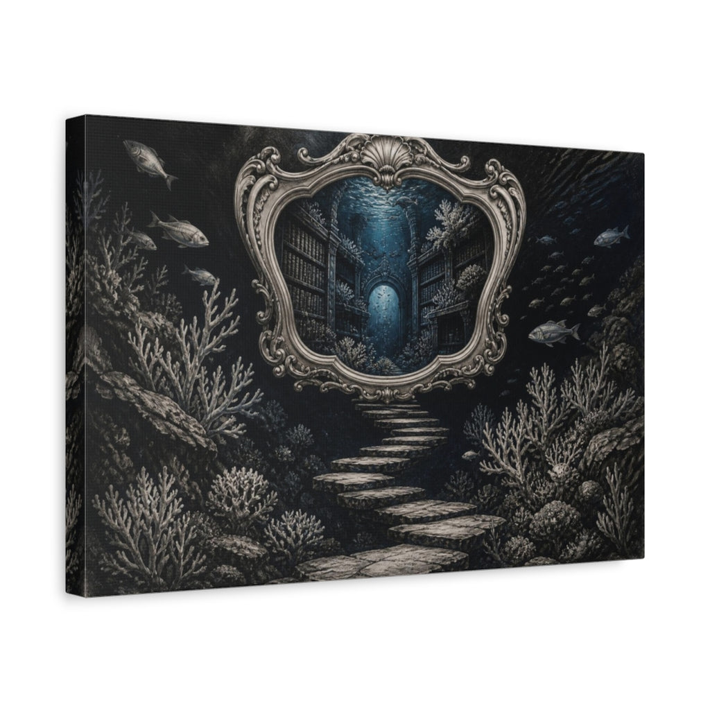 Side Mockup 4. Library Illusion Mirror shown as canvas print