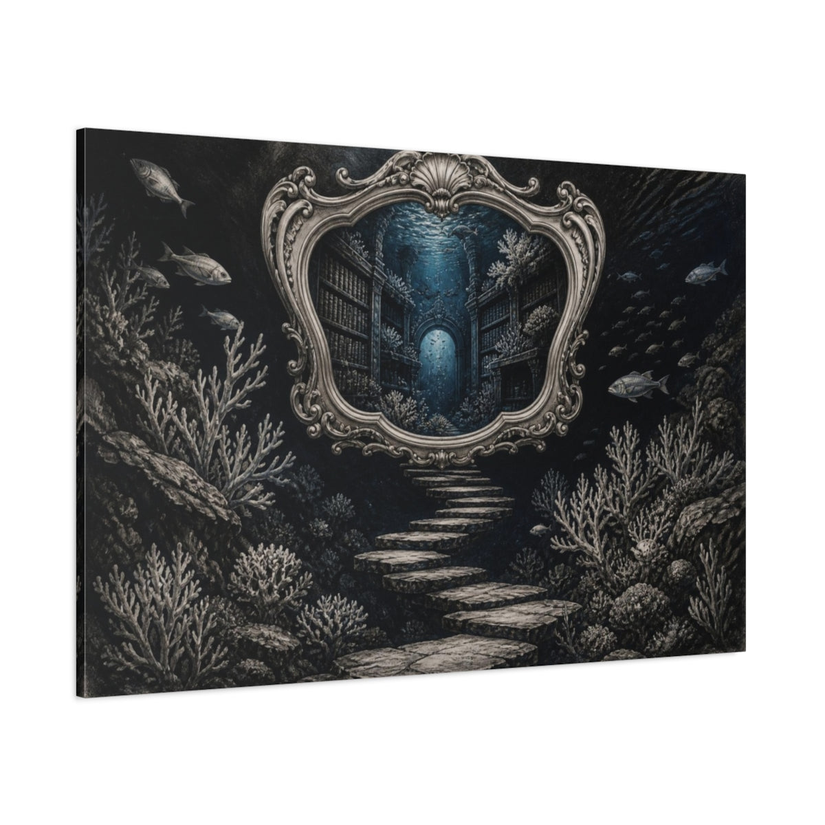 Side Mockup 1. Library Illusion Mirror shown as canvas print