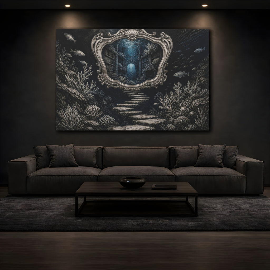 Mockup 3. Library Illusion Mirror shown as canvas print