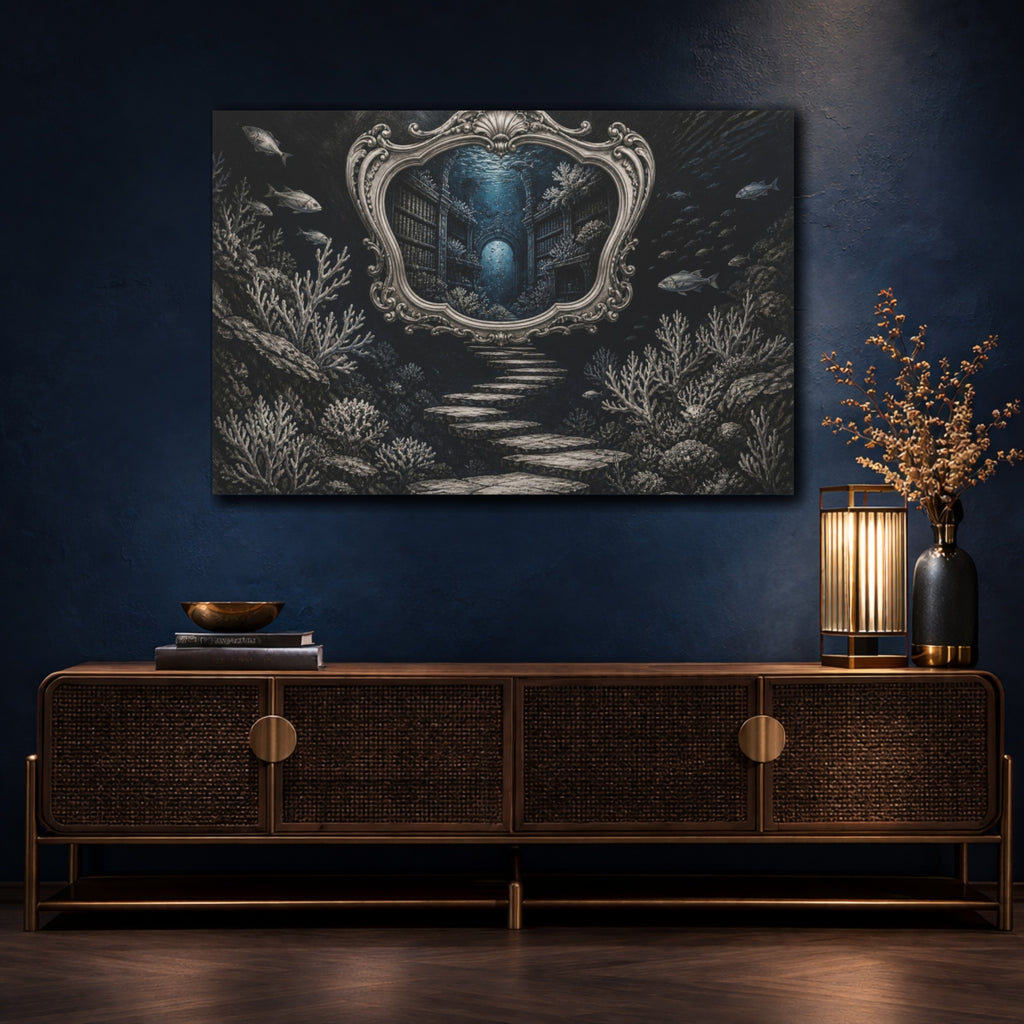 Mockup 4. Library Illusion Mirror shown as canvas print