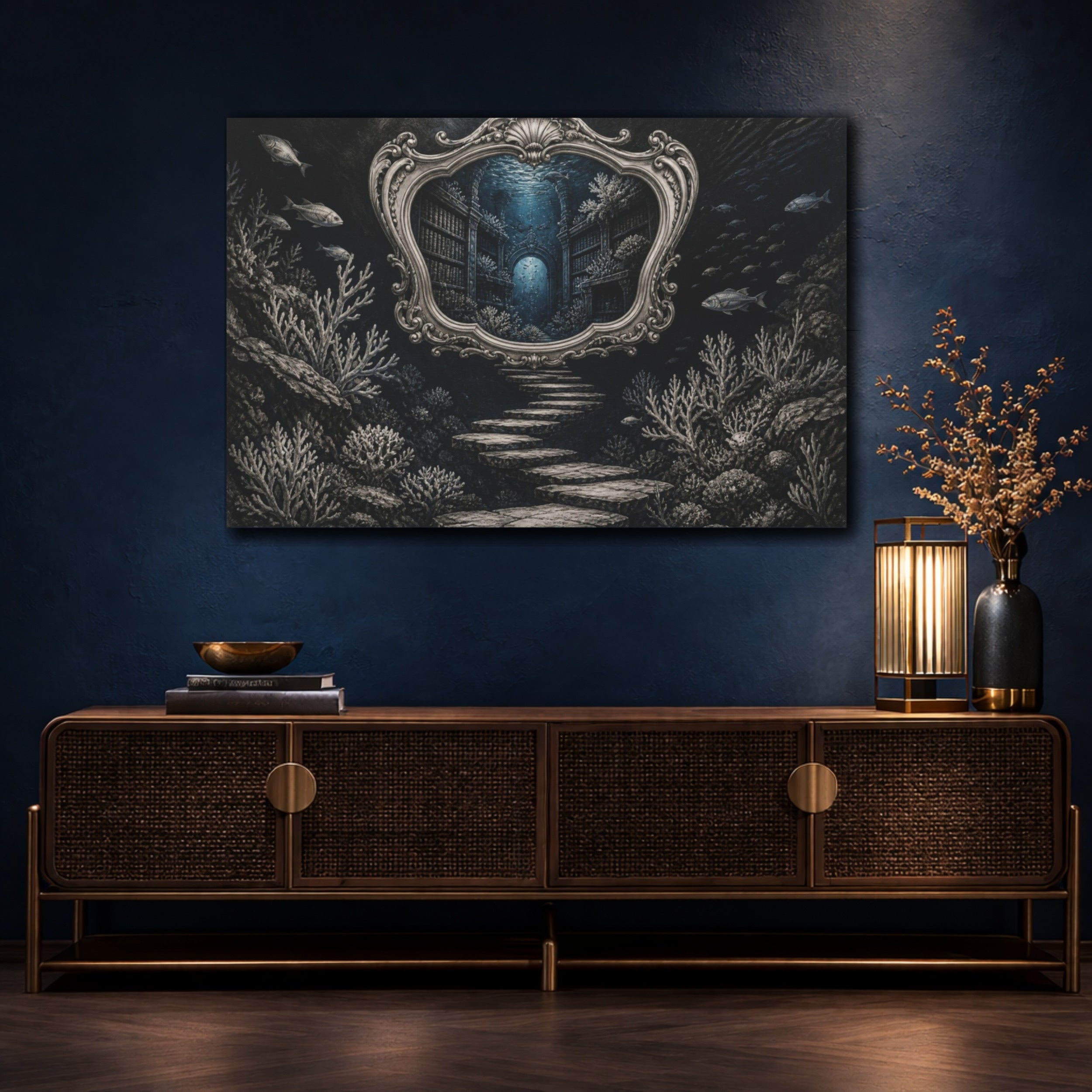 Mockup 4. Library Illusion Mirror shown as canvas print