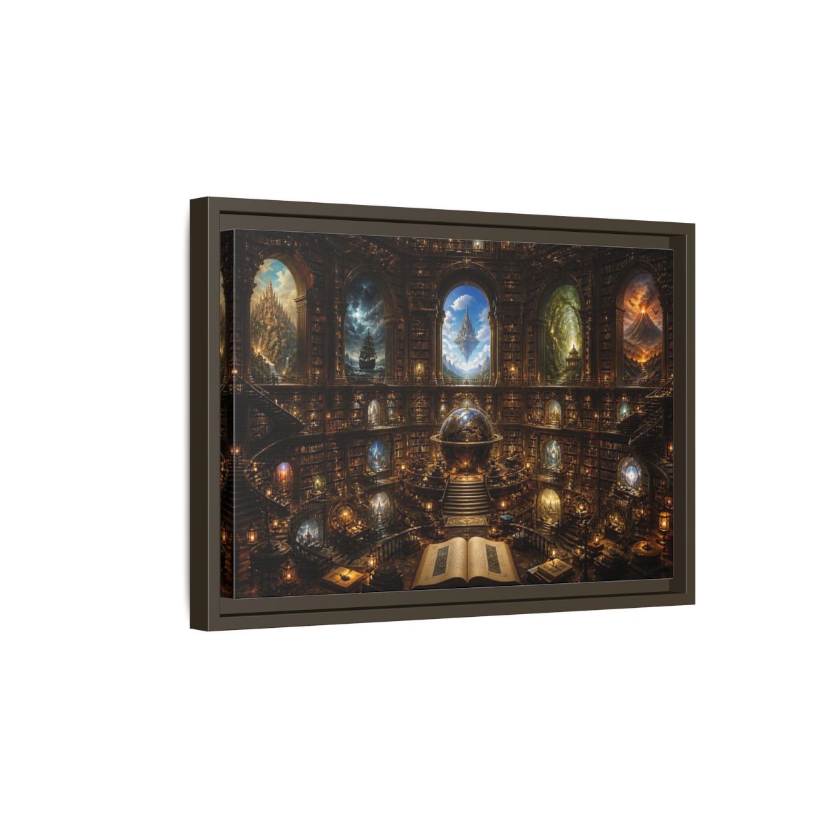 Side Mockup 5. Library Of Secret Worlds shown as framed canvas print