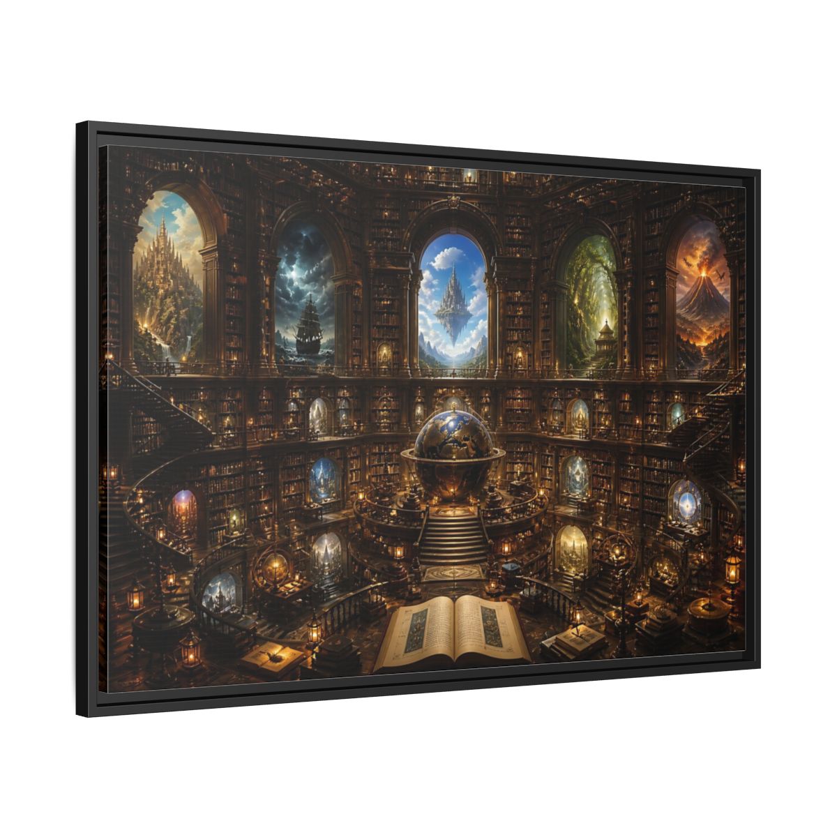 Side Mockup 13. Library Of Secret Worlds shown as framed canvas print