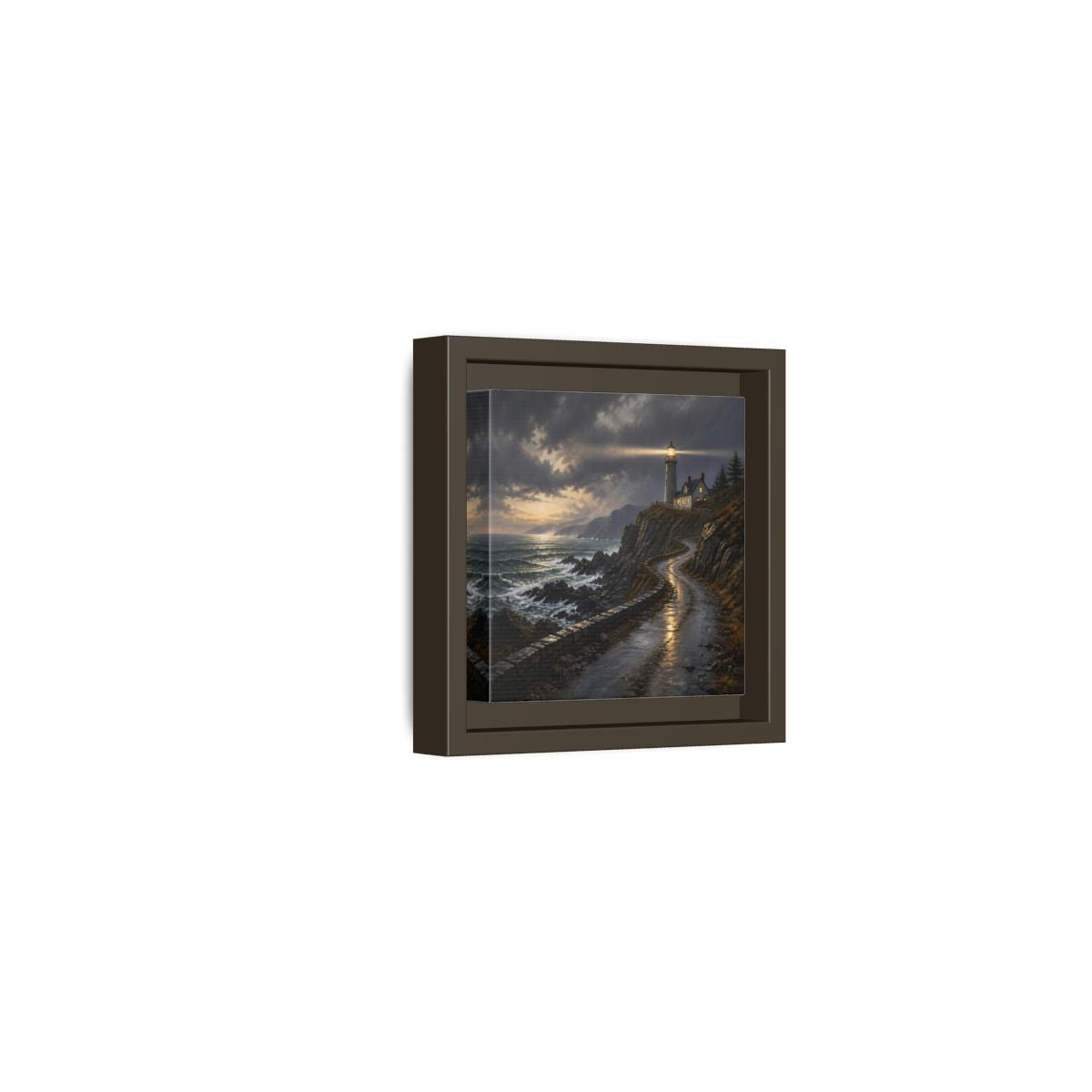 Side Mockup 23. Lighthouse Landscape At Dusk shown as framed canvas print