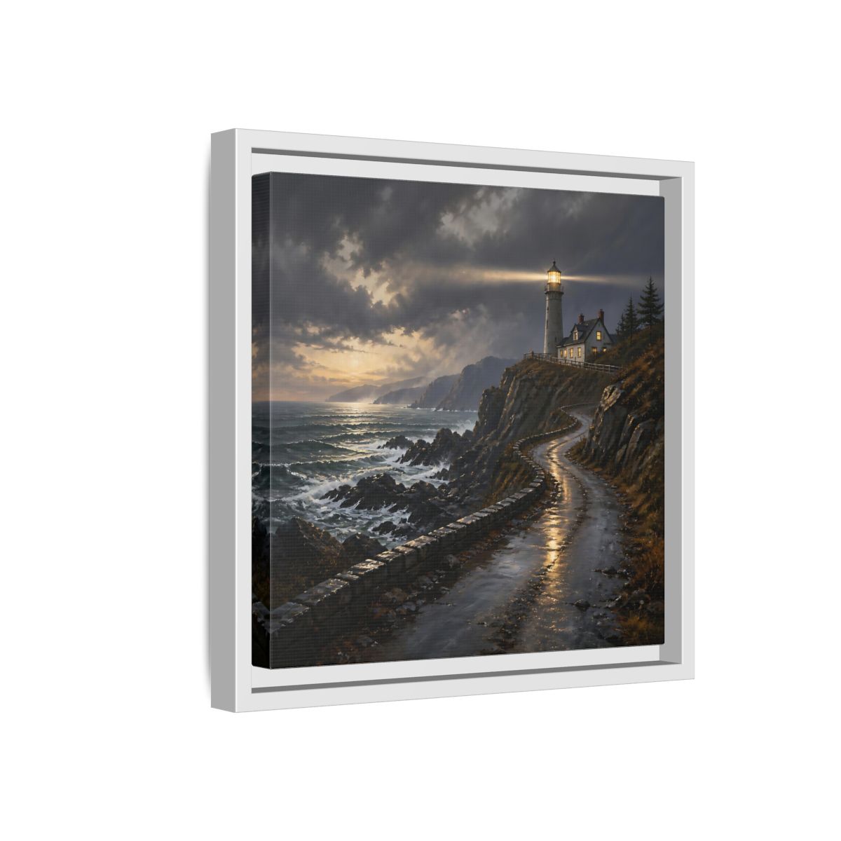 Side Mockup 16. Lighthouse Landscape At Dusk shown as framed canvas print