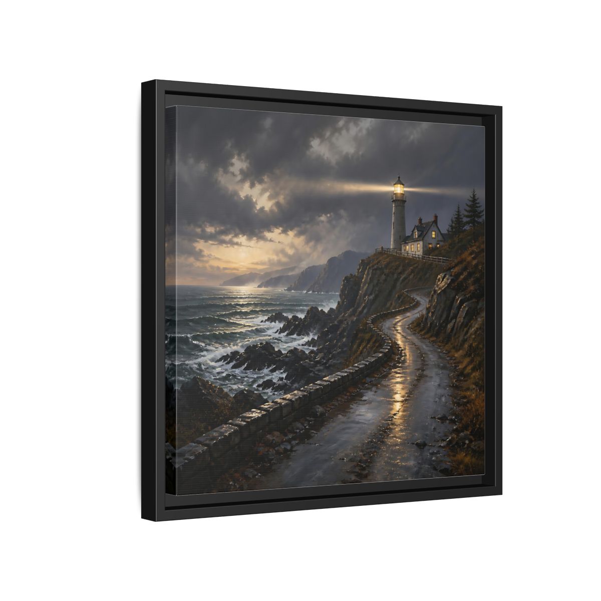 Side Mockup 15. Lighthouse Landscape At Dusk shown as framed canvas print