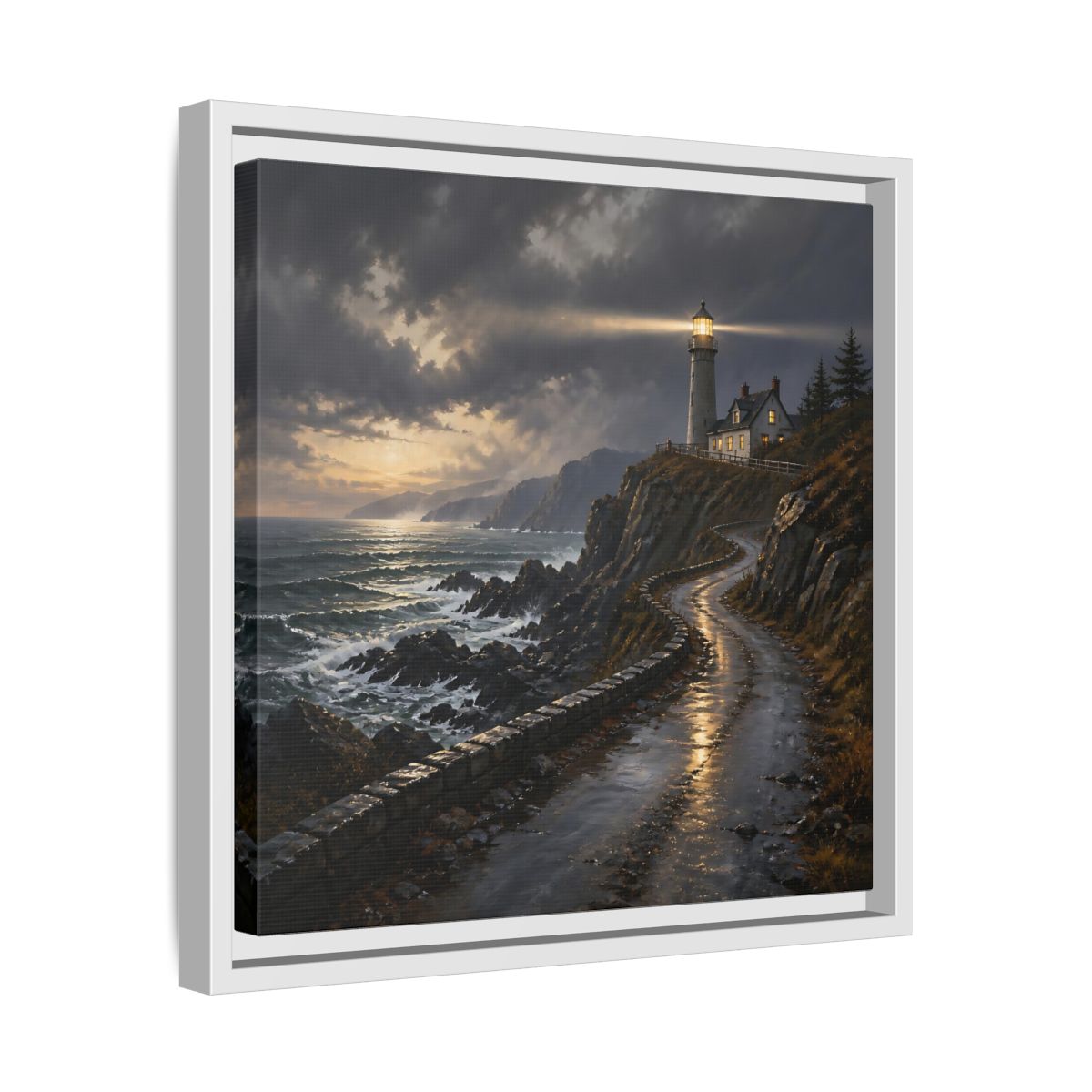 Side Mockup 28. Lighthouse Landscape At Dusk shown as framed canvas print