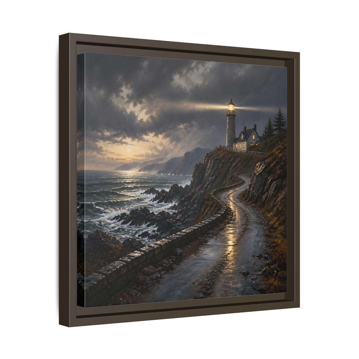 Side Mockup 29. Lighthouse Landscape At Dusk shown as framed canvas print