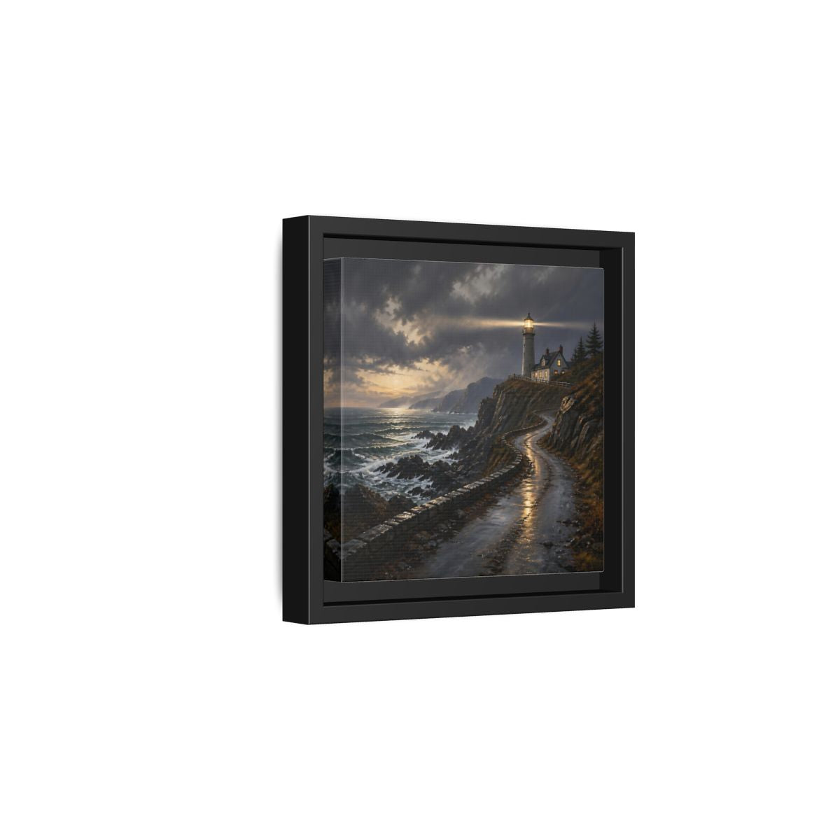 Side Mockup 3. Lighthouse Landscape At Dusk shown as framed canvas print