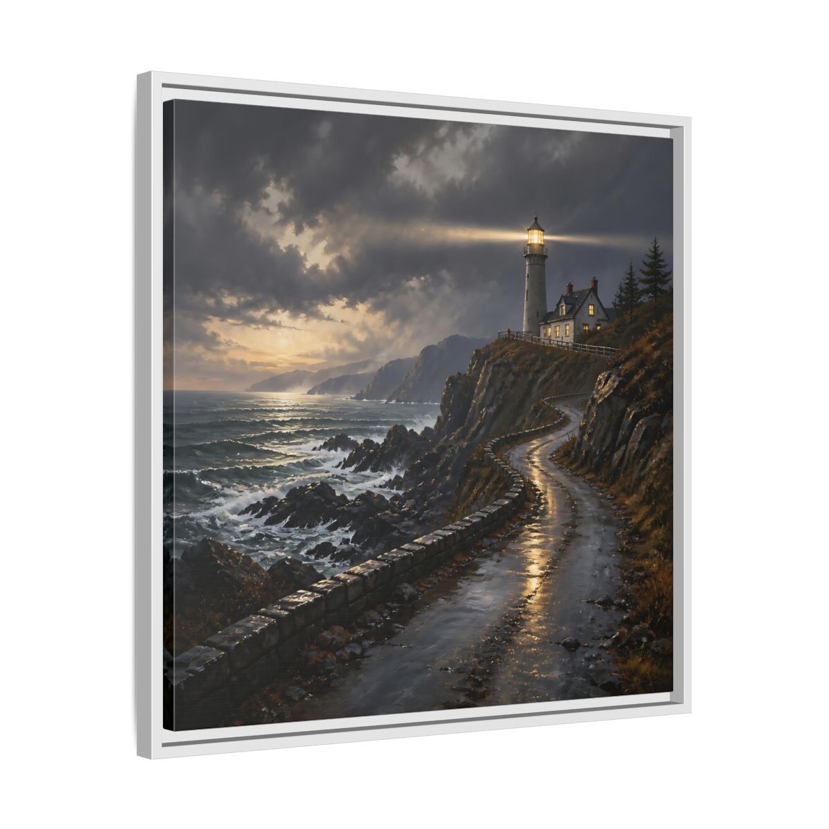 Side Mockup 26. Lighthouse Landscape At Dusk shown as framed canvas print