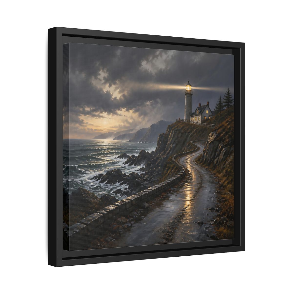 Side Mockup 32. Lighthouse Landscape At Dusk shown as framed canvas print