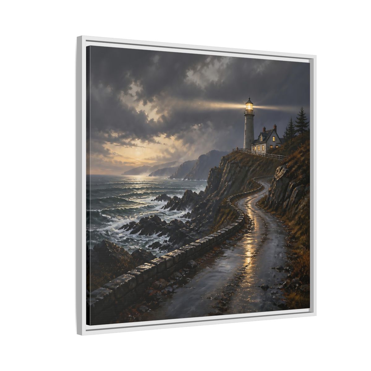 Side Mockup 7. Lighthouse Landscape At Dusk shown as framed canvas print
