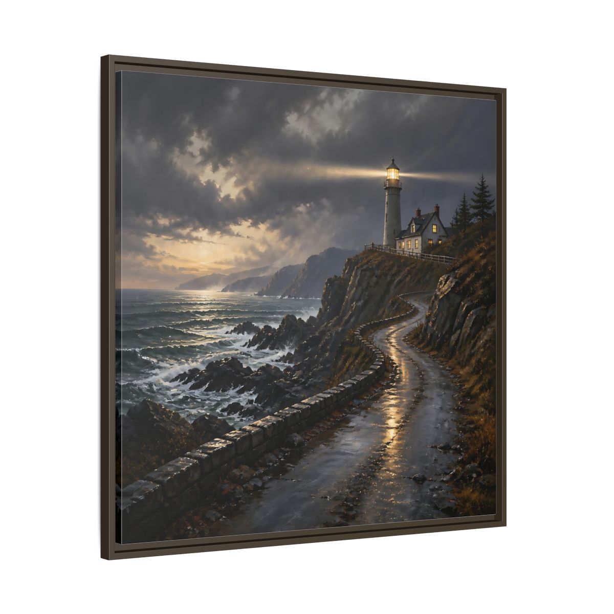 Main Mockup. Lighthouse Landscape At Dusk shown as framed canvas print