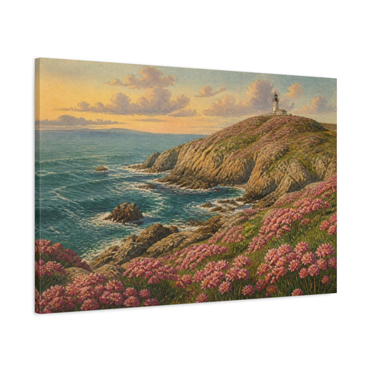 Main Mockup. Lighthouse Landscape At Sunset shown as canvas print