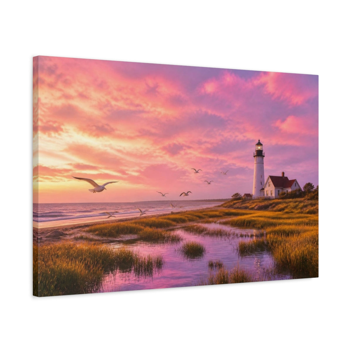 Side Mockup 2. Lighthouse Landscape At Twilight shown as canvas print