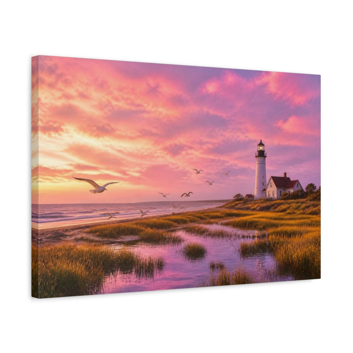 Side Mockup 3. Lighthouse Landscape At Twilight shown as canvas print