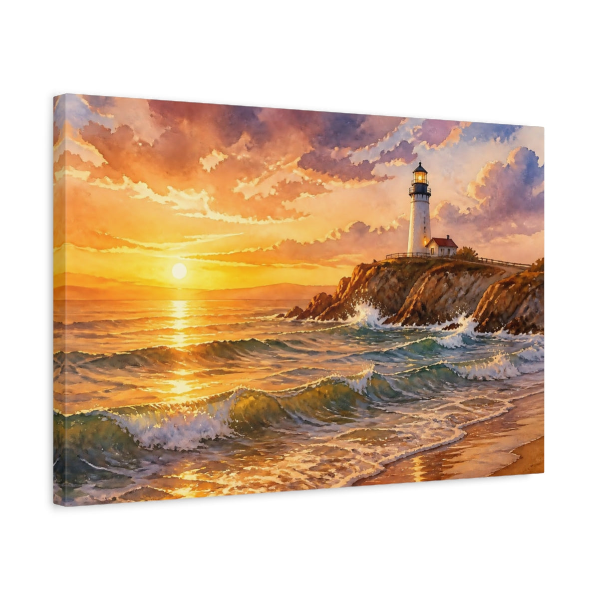 Side Mockup 3. Lighthouse Sunset Landscape shown as canvas print