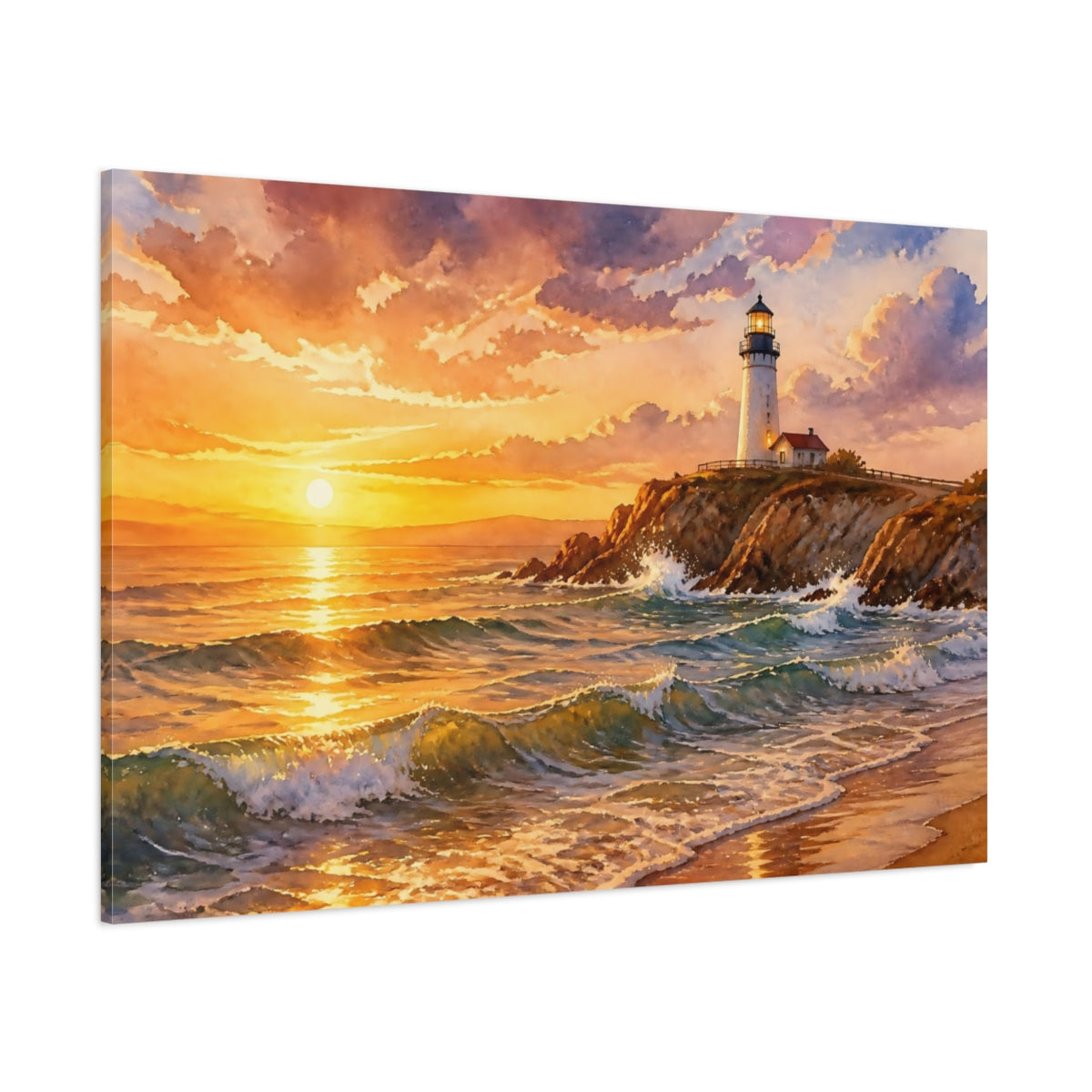 Side Mockup 1. Lighthouse Sunset Landscape shown as canvas print