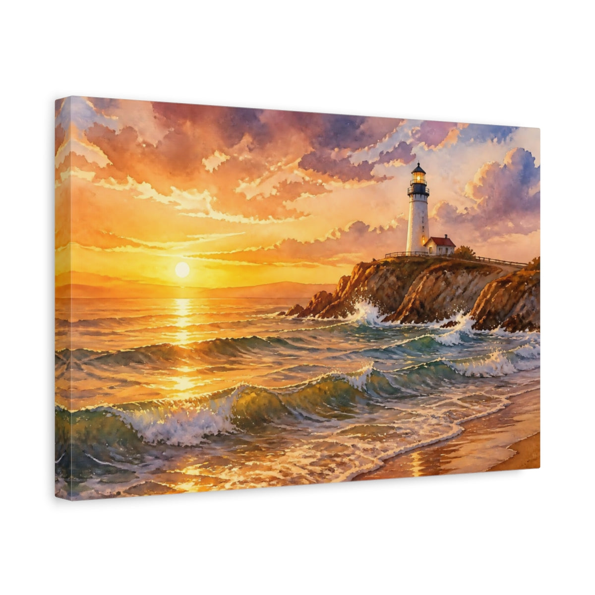 Side Mockup 4. Lighthouse Sunset Landscape shown as canvas print