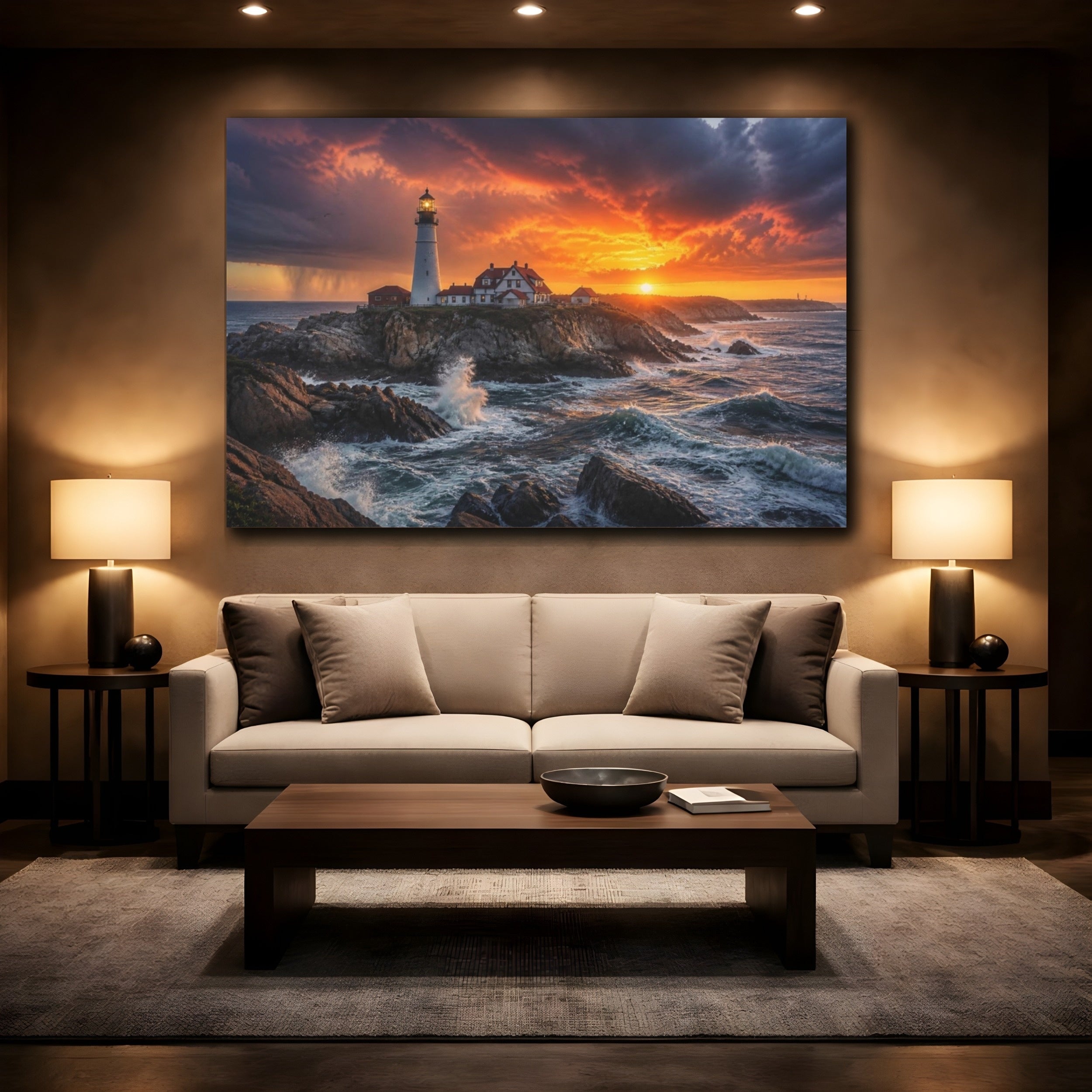 Mockup 2. Lighthouse Sunset Landscape shown as canvas print