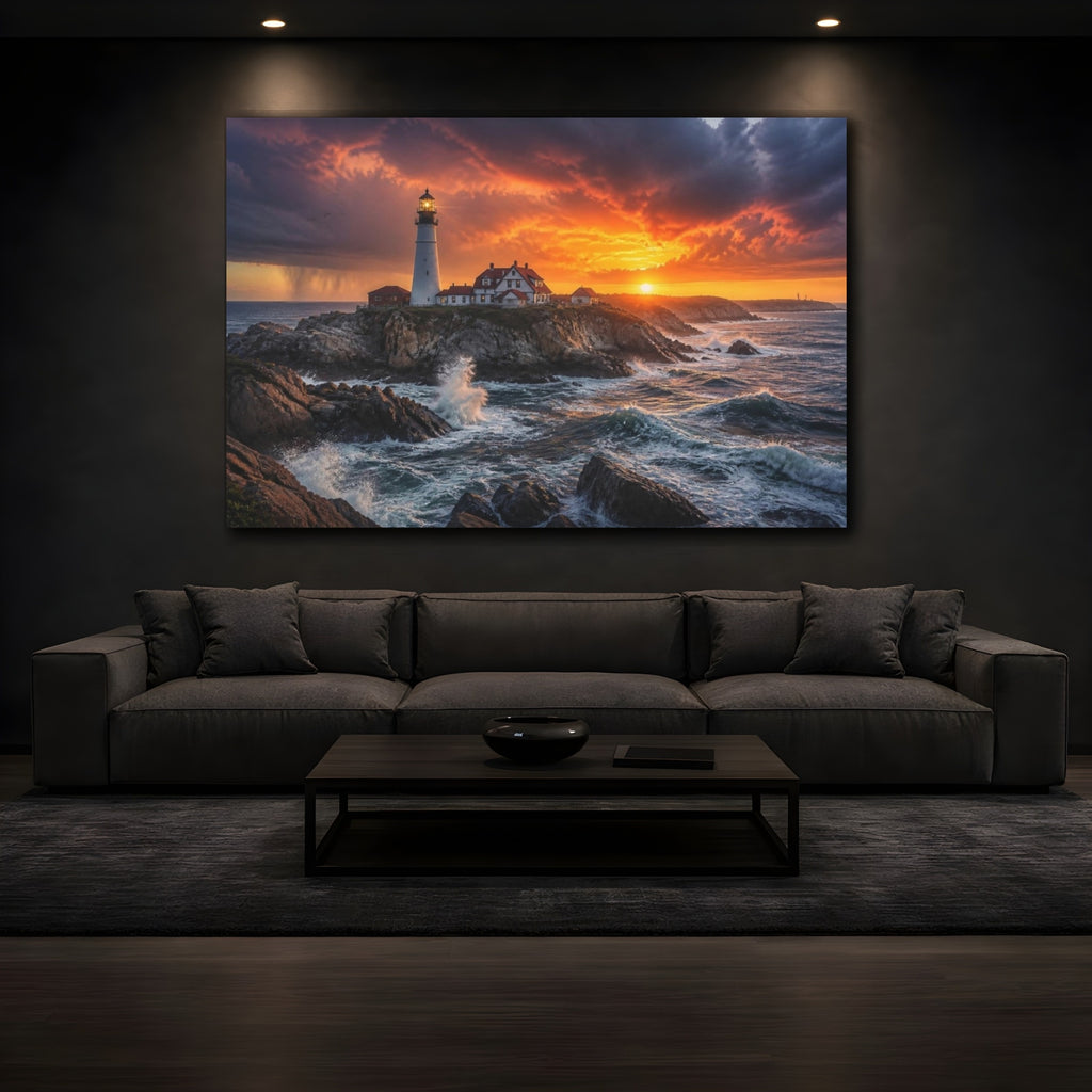 Mockup 3. Lighthouse Sunset Landscape shown as canvas print