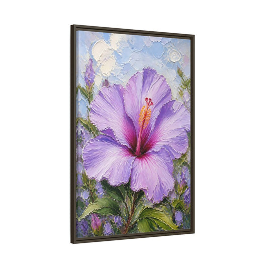 Main Mockup. Lilac Hibiscus Flower shown as framed canvas print