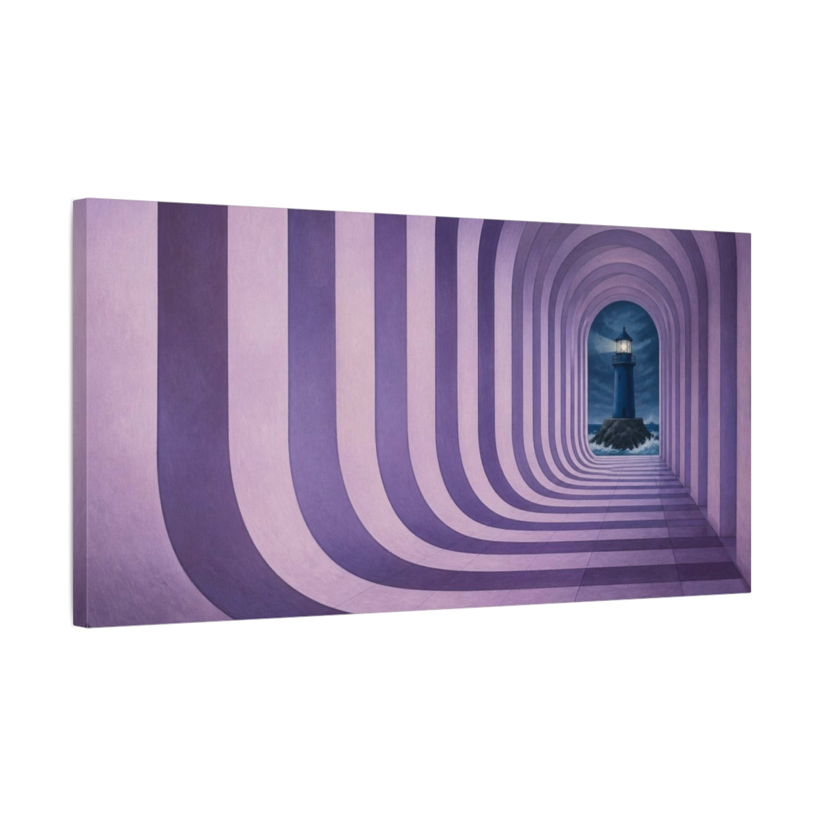 Side Mockup 1. Lilac Lighthouse Illusion shown as canvas print