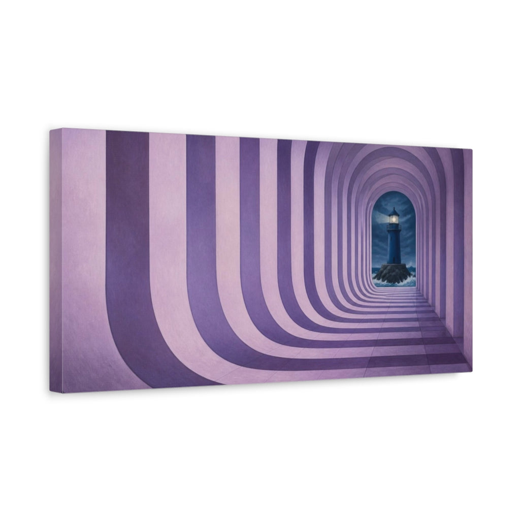 Side Mockup 3. Lilac Lighthouse Illusion shown as canvas print