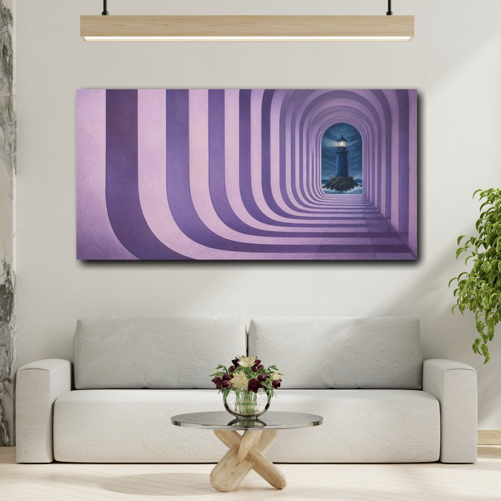 Mockup 2. Lilac Lighthouse Illusion shown as canvas print