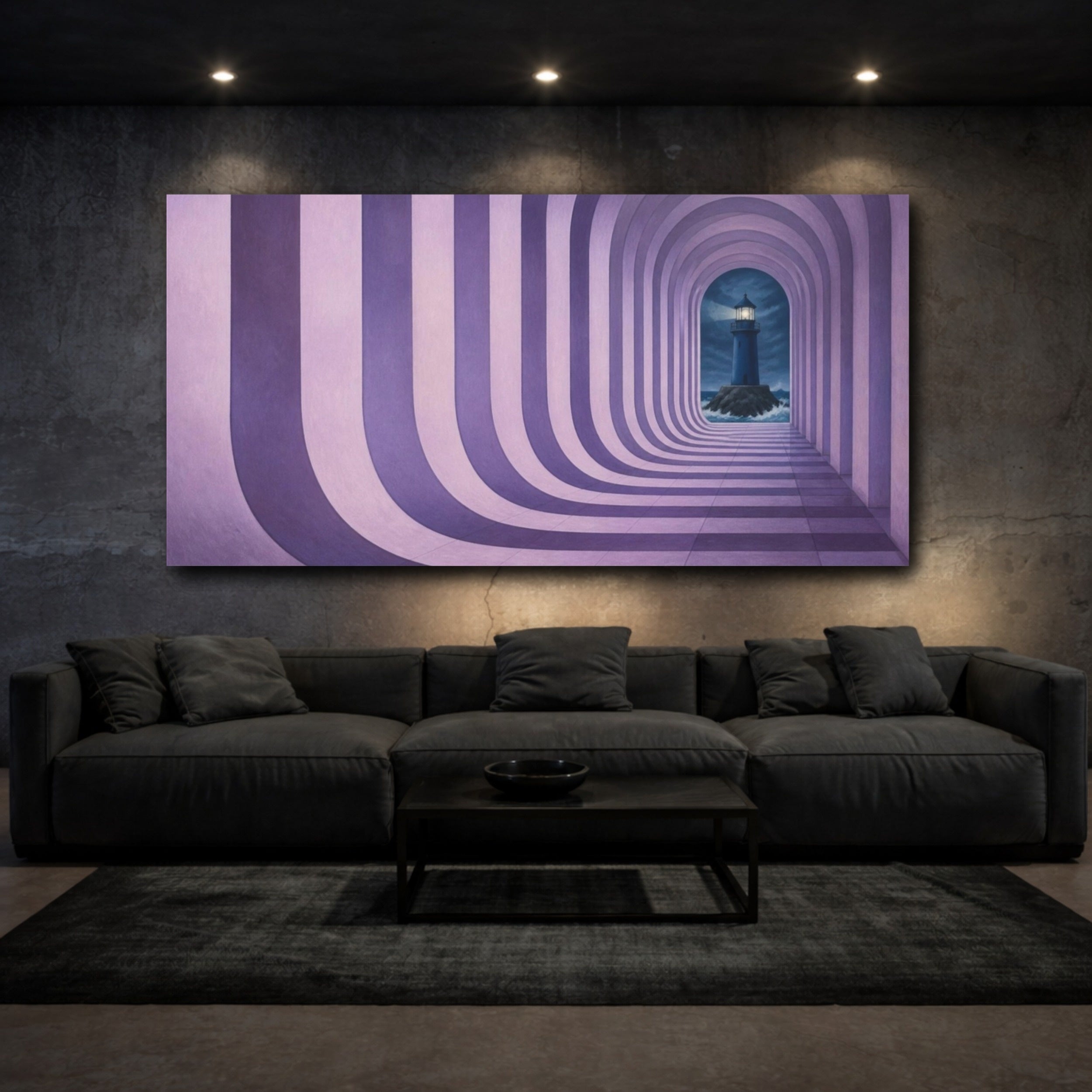 Mockup 3. Lilac Lighthouse Illusion shown as canvas print