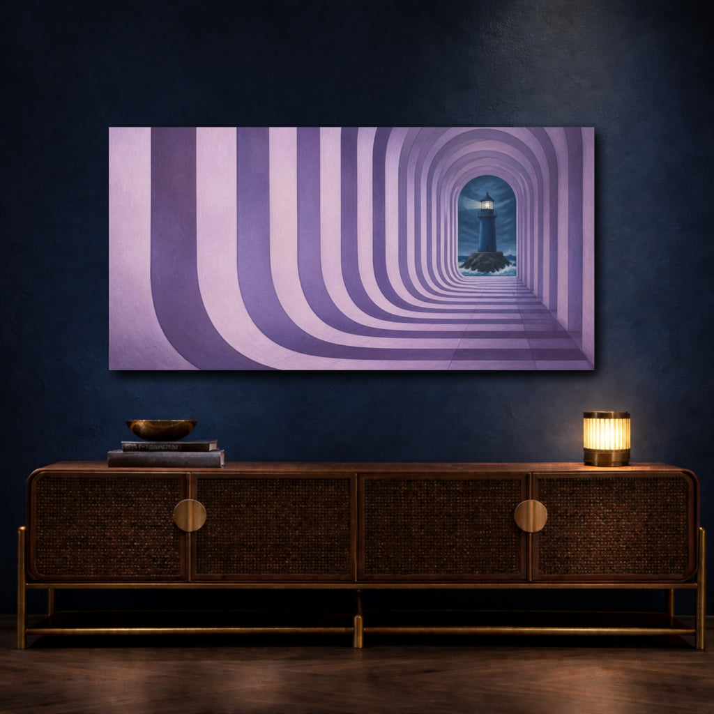 Mockup 4. Lilac Lighthouse Illusion shown as canvas print