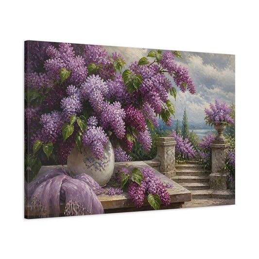 Main Mockup. Lilacs On Stone Terrace shown as canvas print