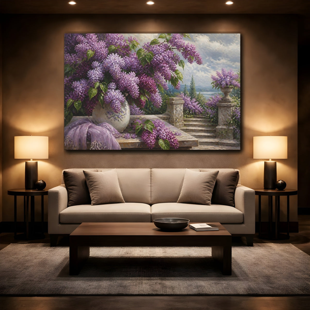 Mockup 2. Lilacs On Stone Terrace shown as canvas print