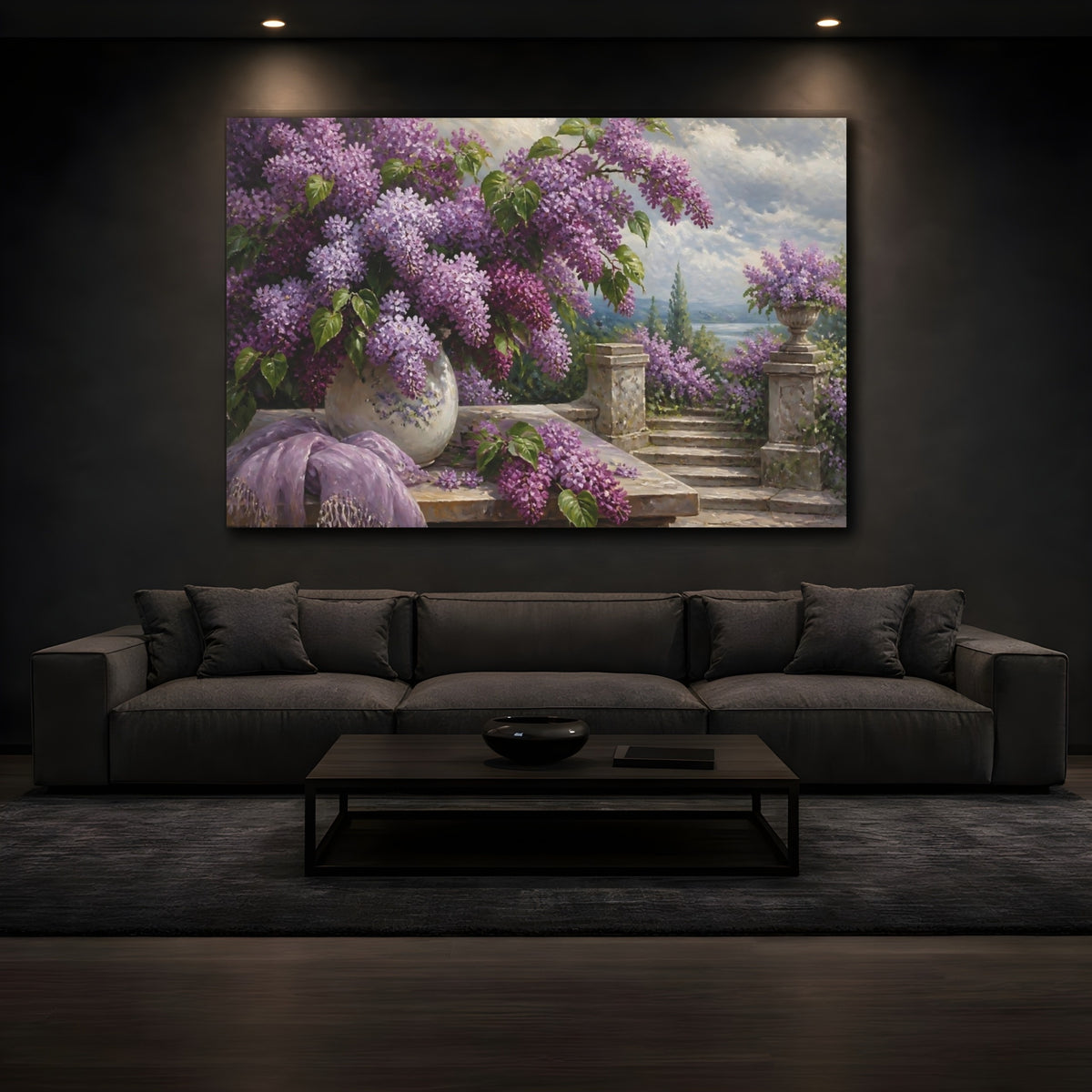 Mockup 3. Lilacs On Stone Terrace shown as canvas print