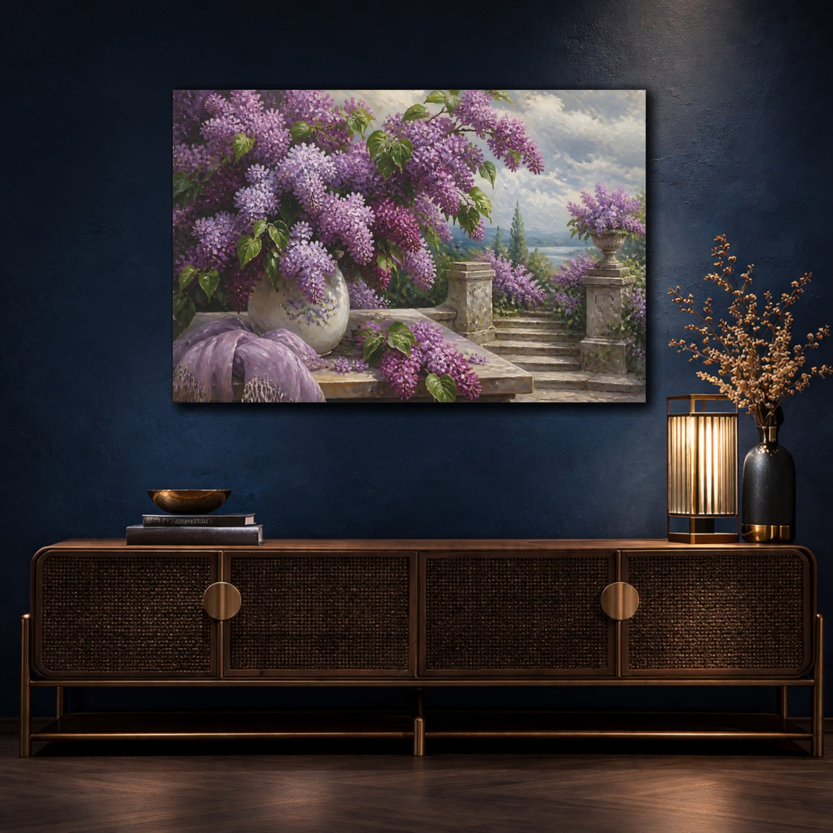 Mockup 4. Lilacs On Stone Terrace shown as canvas print