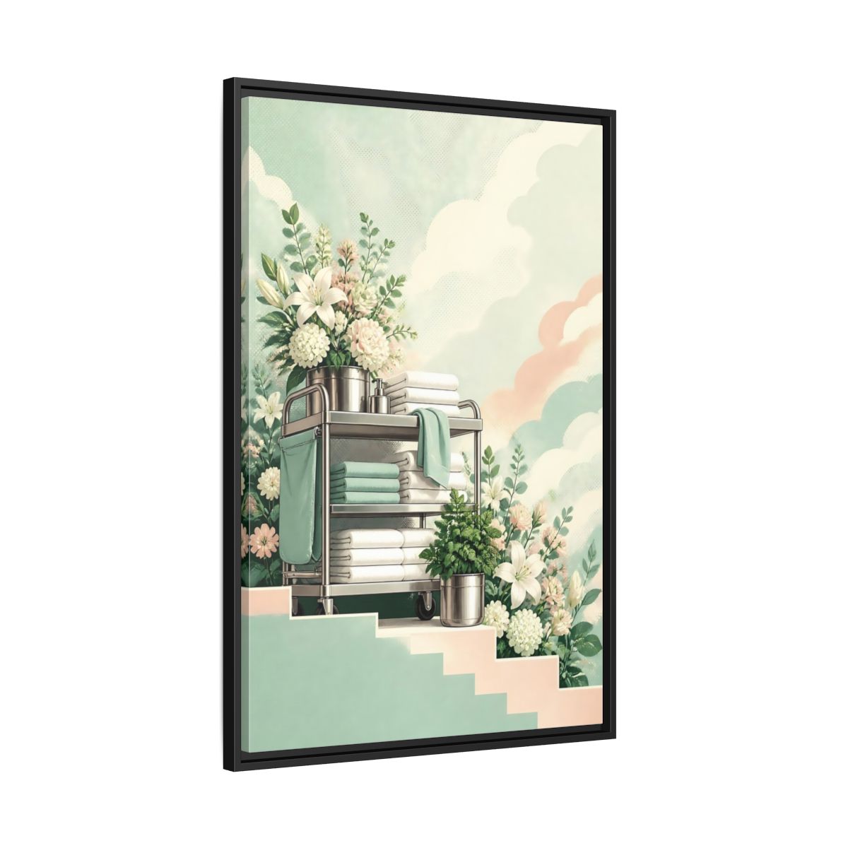 Side Mockup 13. Linen Cart With Lilies shown as framed canvas print