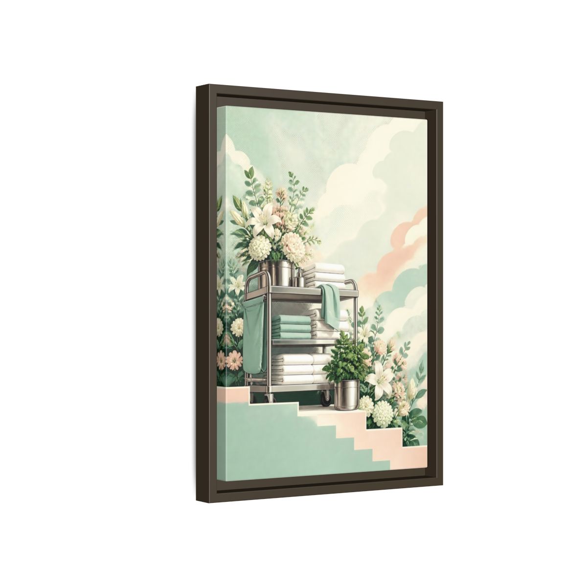 Side Mockup 5. Linen Cart With Lilies shown as framed canvas print